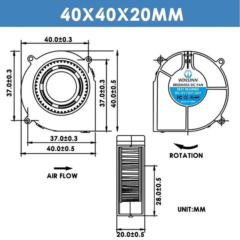 WINSINN 40mm Blower Fan 24V, 3D Printer Micro 24 Volt Fans Blower 4020 Dual Ball Bearing, 40mmx20mm 2PIN (Pack of 4Pcs) - Image 2